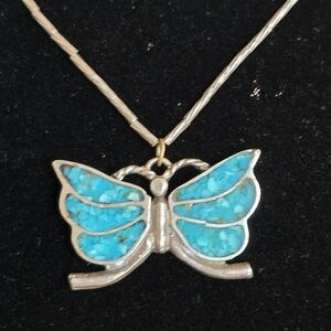 Vintage Southwestern Sterling silver turquoise inlay butterfly pendant.